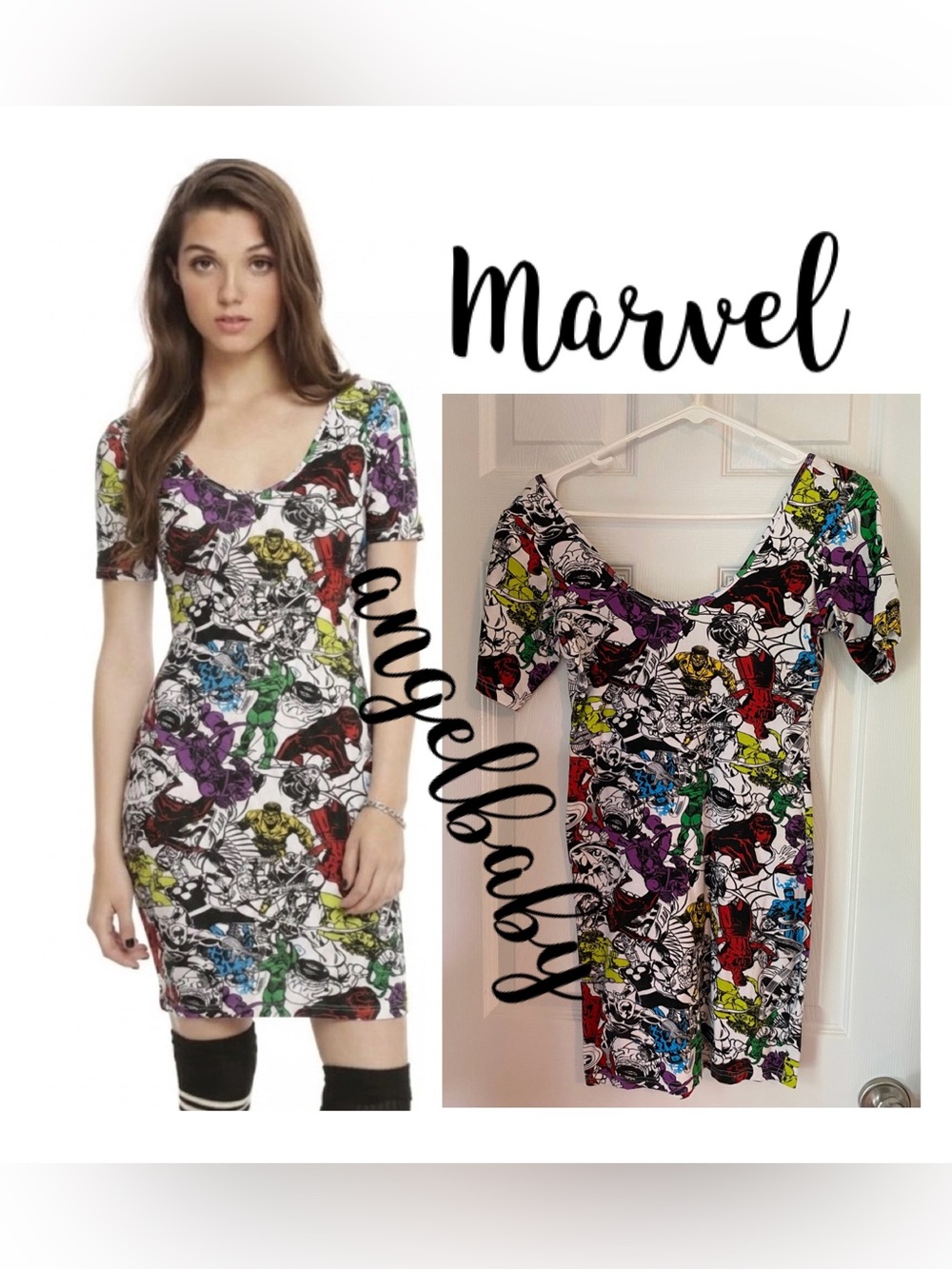Marvel x Freeze NY Retro Comic Book Print Scoop Neck Bodycon Dress M